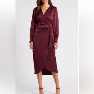 Gibson Latimer Burgundy Satin Wrap Midi Dress